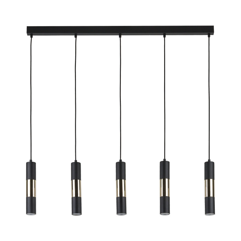 Suspension VIVIEN BLACK/GOLD 4 abat-jour alignés metal noir et bois Industriel 