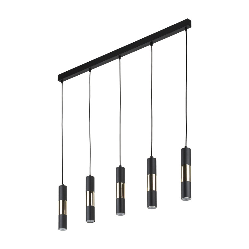 Suspension VIVIEN BLACK/GOLD 4 abat-jour alignés metal noir et bois Industriel 