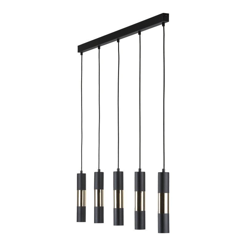 Suspension VIVIEN BLACK/GOLD 4 abat-jour alignés metal noir et bois Industriel 