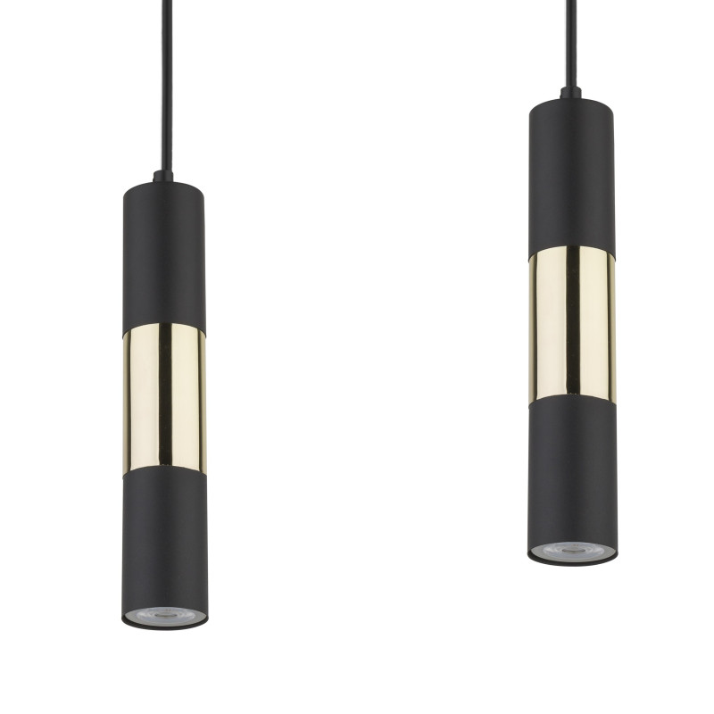 Suspension VIVIEN BLACK/GOLD 4 abat-jour alignés metal noir et bois Industriel 