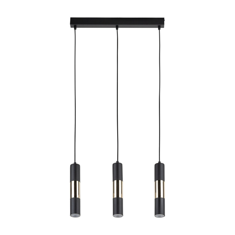 Suspension VIVIEN BLACK/GOLD 3 abat-jour alignés metal noir et bois Industriel 