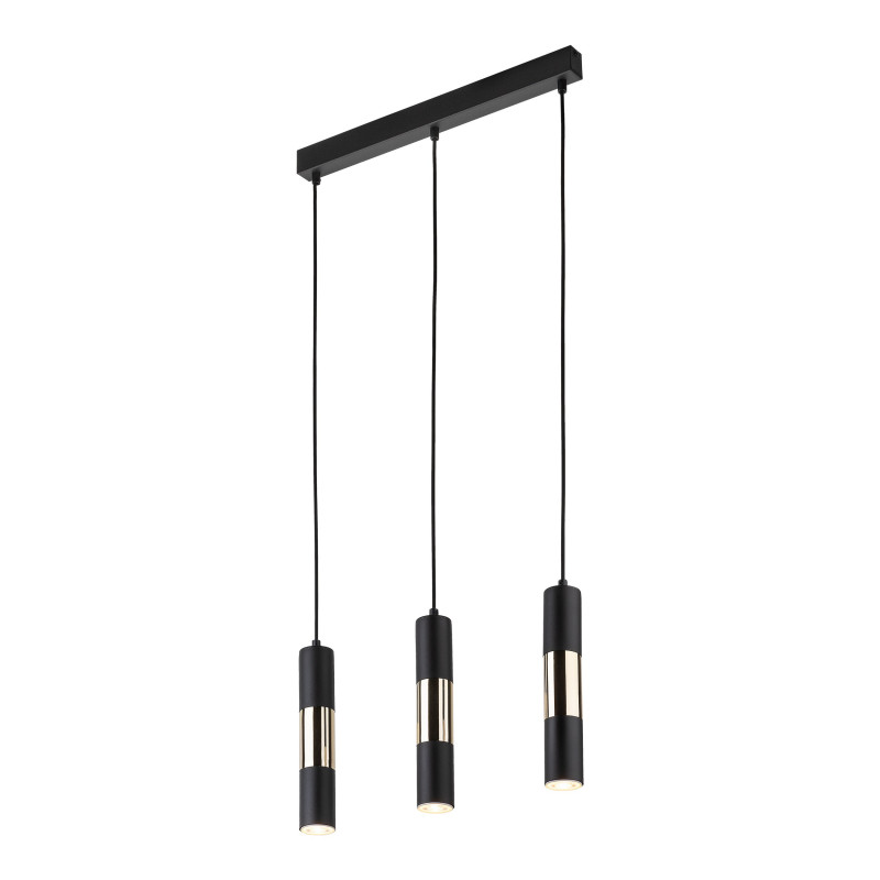 Suspension VIVIEN BLACK/GOLD 3 abat-jour alignés metal noir et bois Industriel 