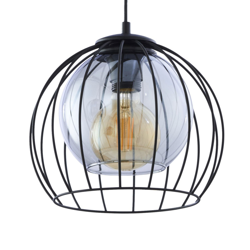 Suspension UNIVERSO BLACK 3 abat-jour boule verre et cage métal noir Industriel 