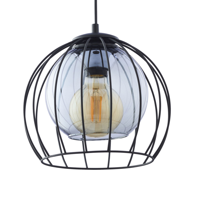 Suspension UNIVERSO BLACK H26cm abat-jour boule verre et cage métal noir Industriel 