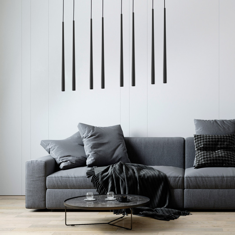 Suspension longue PIANO BLACK 8 sources lumineuses métal noir Design Minimaliste 