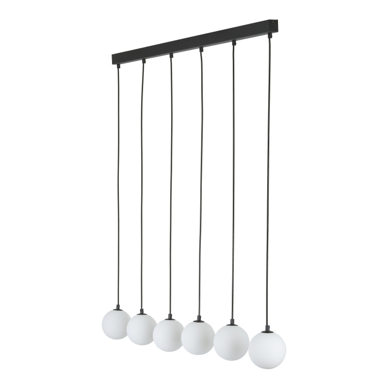 Suspension MARTIN 6 boules alignées verre blanc et metal noir Minimaliste 