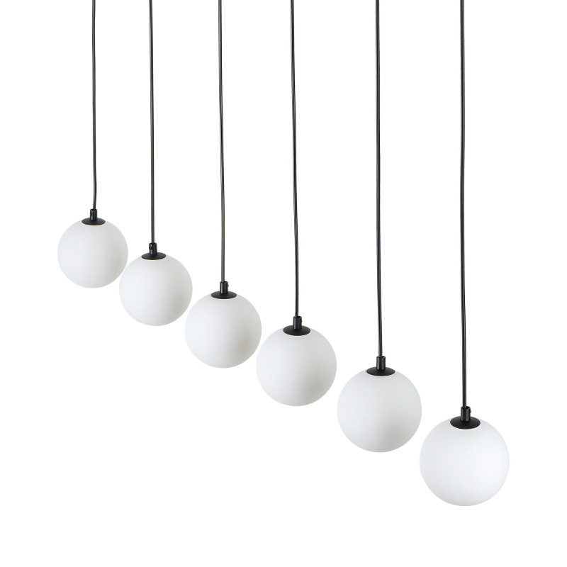 Suspension MARTIN 6 boules alignées verre blanc et metal noir Minimaliste 