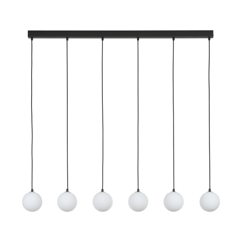 Suspension MARTIN 6 boules alignées verre blanc et metal noir Minimaliste 