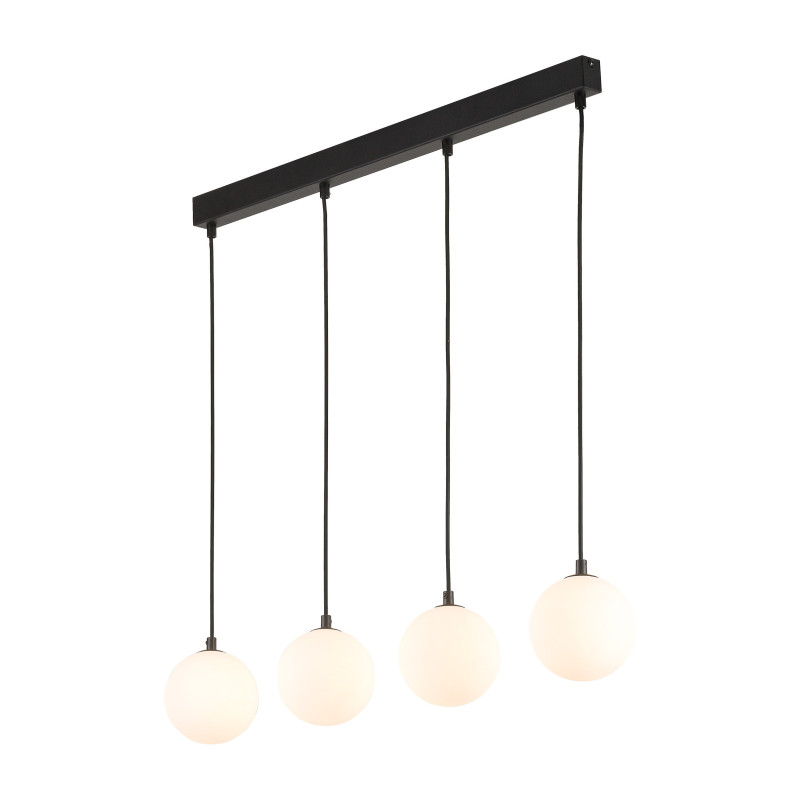 Suspension MARTIN 4 boules alignées verre blanc et metal noir Minimaliste 