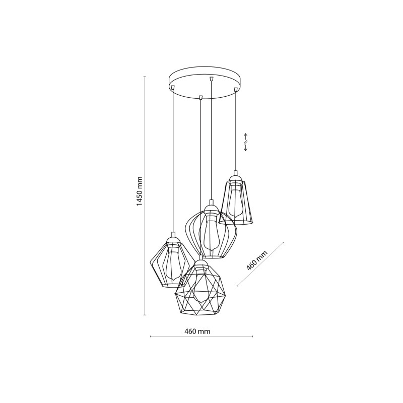 Suspension GALAXY 4 abat-jour formes dépareillées cage métal noir Industriel 