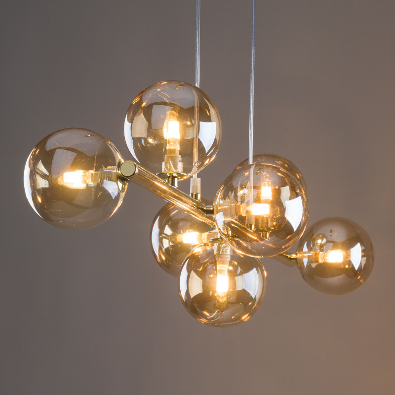 Suspension ESTERA GOLD 7 boules verre ambré et metal doré Design chic 