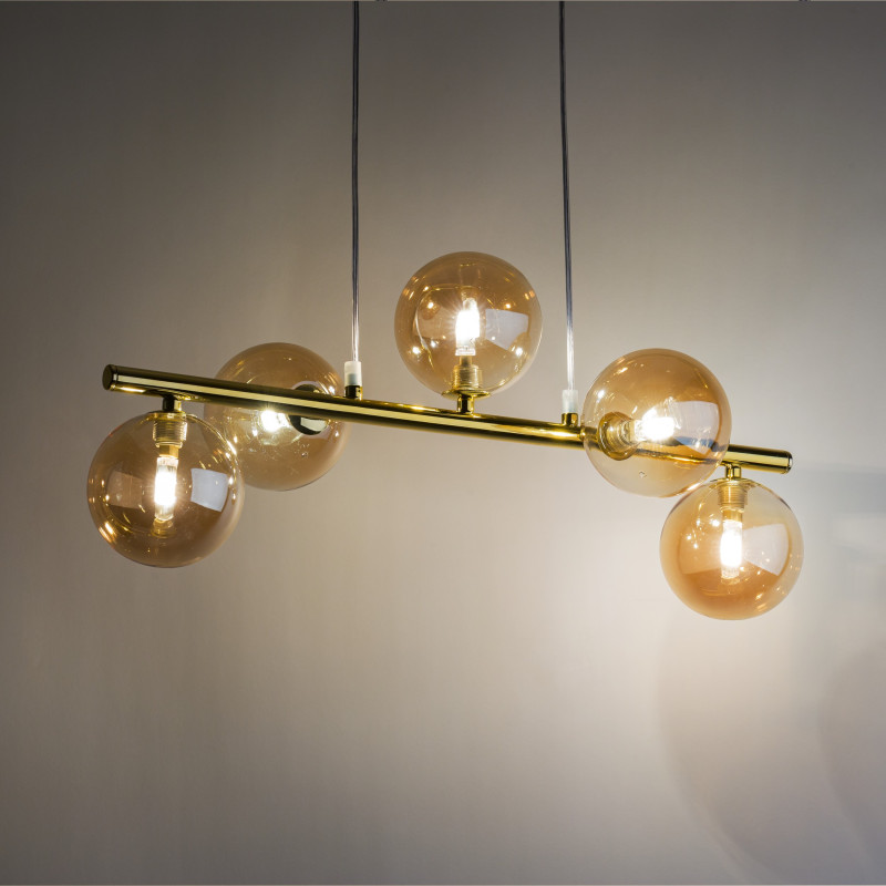 Suspension ESTERA GOLD 5 boules verre ambré et metal doré Design chic 