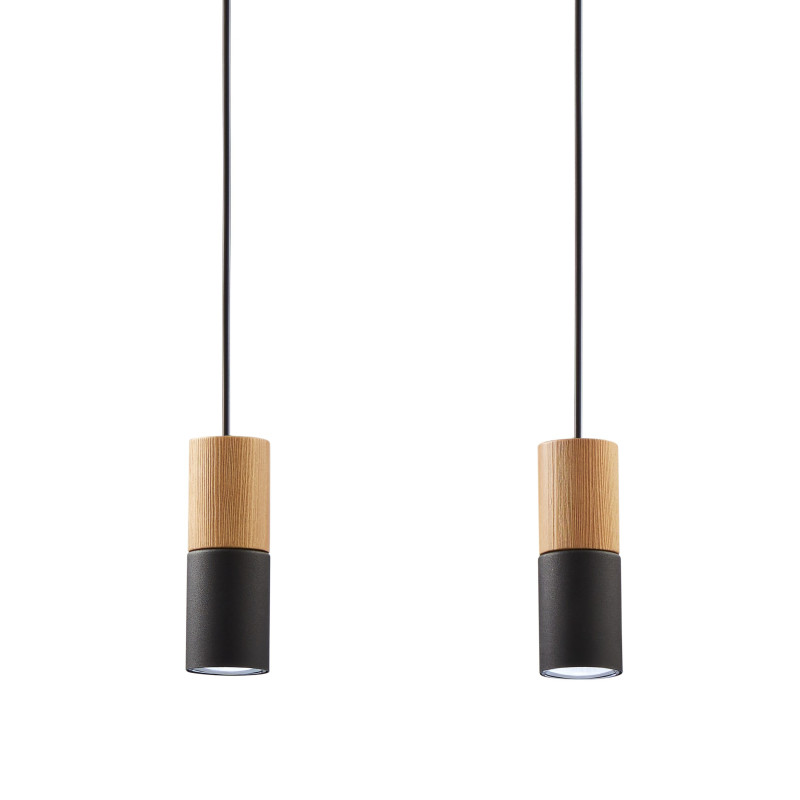 Suspension ELIT BLACK/WOOD 4 abat-jour alignés métal noir et bois Design Minimaliste 