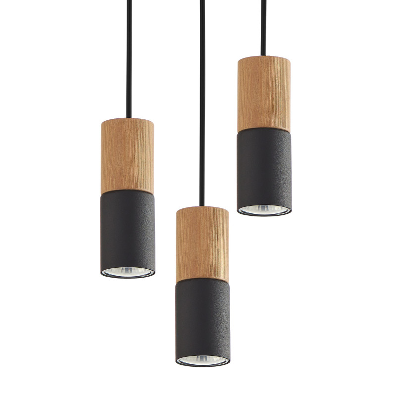 Suspension ELIT BLACK/WOOD 3 abat-jour métal noir et bois Design Minimaliste 