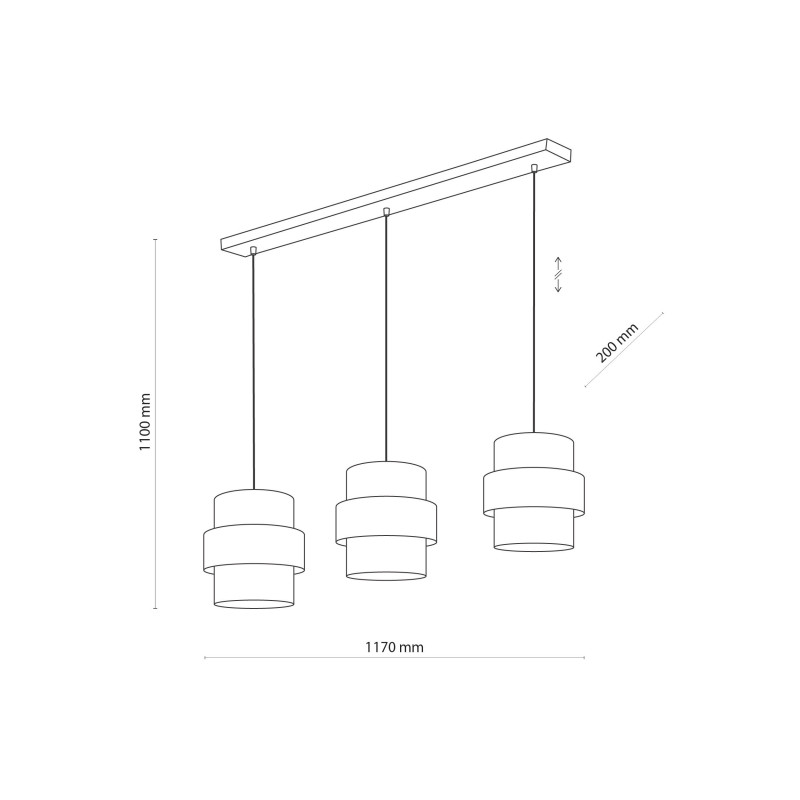 Suspension CALISTO NEW 3 abat-jour alignés bi-matière tissu noir métal doré Design chic 