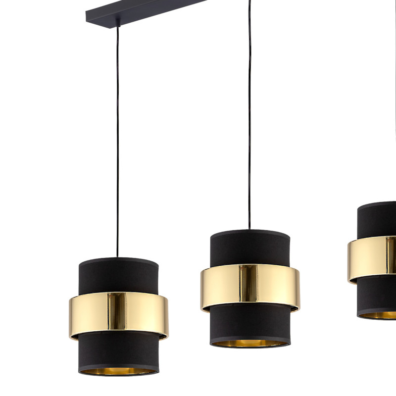 Suspension CALISTO NEW 3 abat-jour alignés bi-matière tissu noir métal doré Design chic 