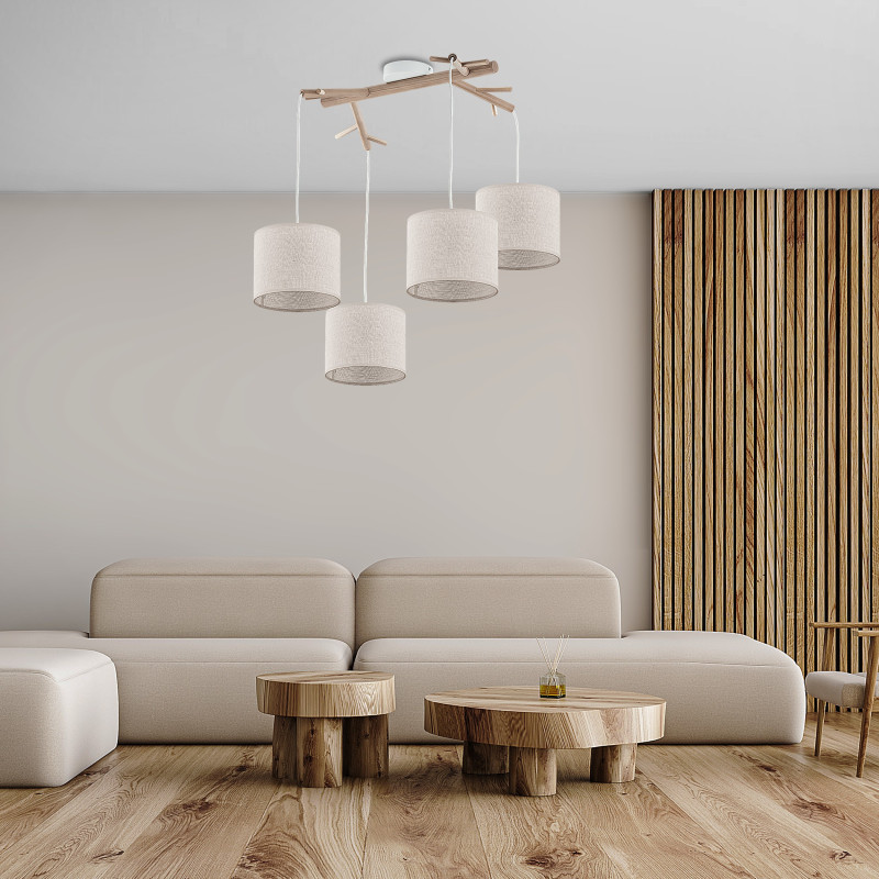 Suspension ALBERO LINEN 4 abat-jour Lin beige gris et bois Scandinave 