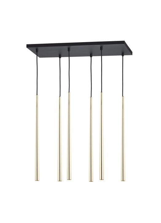 Suspension longue PIANO GOLD 6 sources lumineuses métal doré noir Design Minimaliste