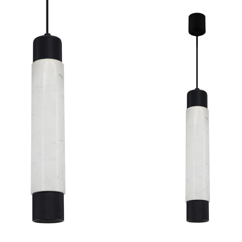 Suspension MARBLE tube métal noir et marbre blanc GU10 Design chic 