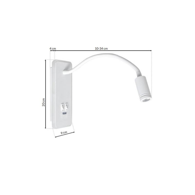 Applique murale flexible double option éclairage LED 8W ou 2W blanc neutre port USB BASE rectangle métal blanc Minimaliste 