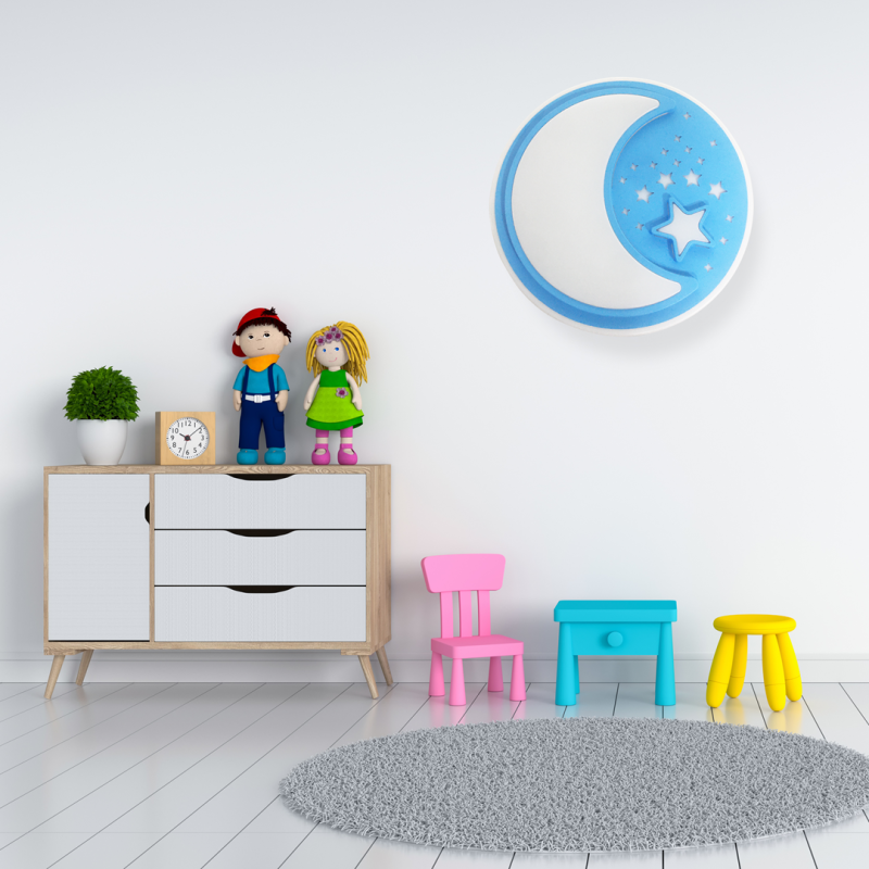 Applique murale ronde 48cm NOTE Lune et étoiles blanc et bleu LED 40W CCT 3000k à 6000k 2800Lm Enfant 