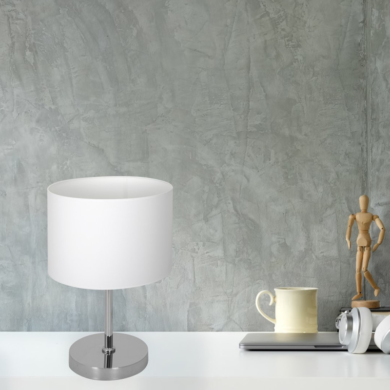 Lampe à poser CASINO abat-jour Blanc pied métal chromé E27 Minimaliste 