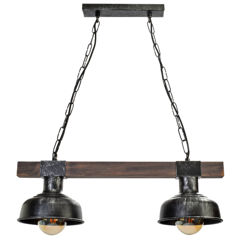 Suspension FARO Barre bois foncé 2 cloches métal noir E27 Industriel 