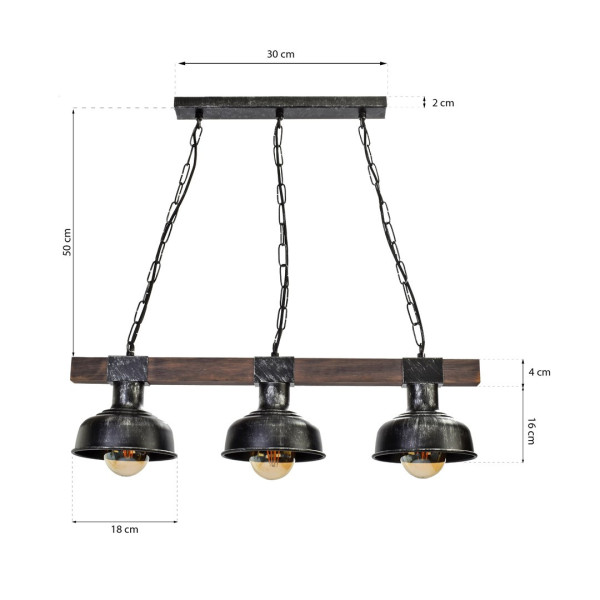 Suspension FARO Barre bois foncé 3 cloches métal noir E27 Industriel 