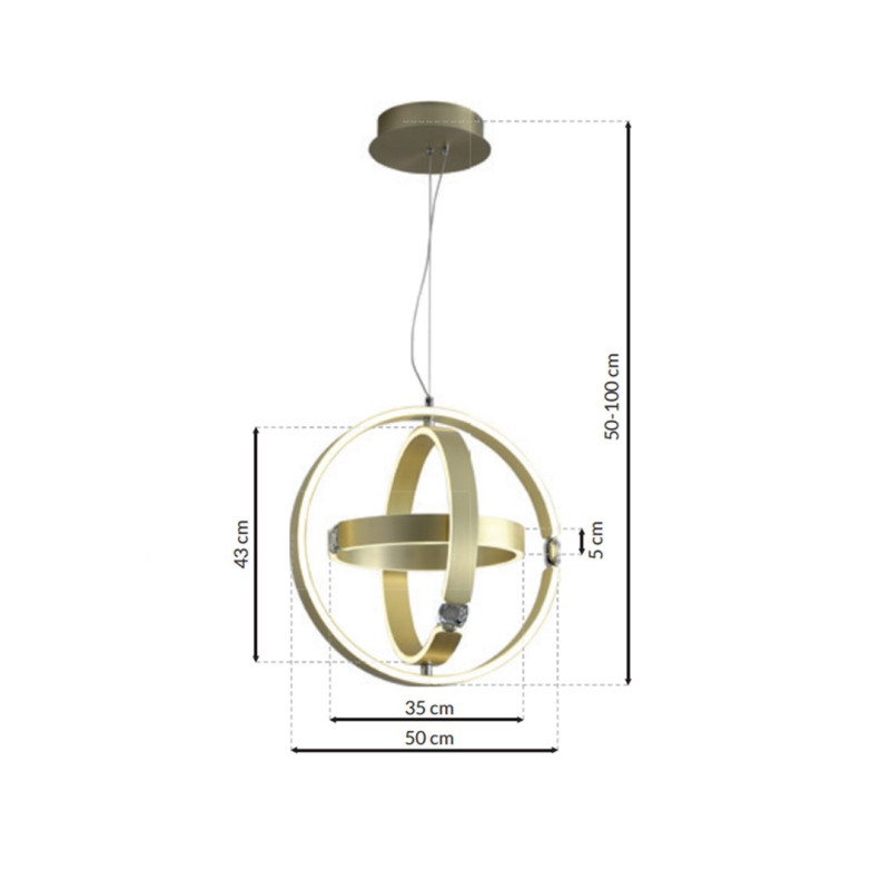 Suspension SIRIUS doré 3 anneaux lumineux forme bague avec diamant LED blanc neutre 80W Design chic 