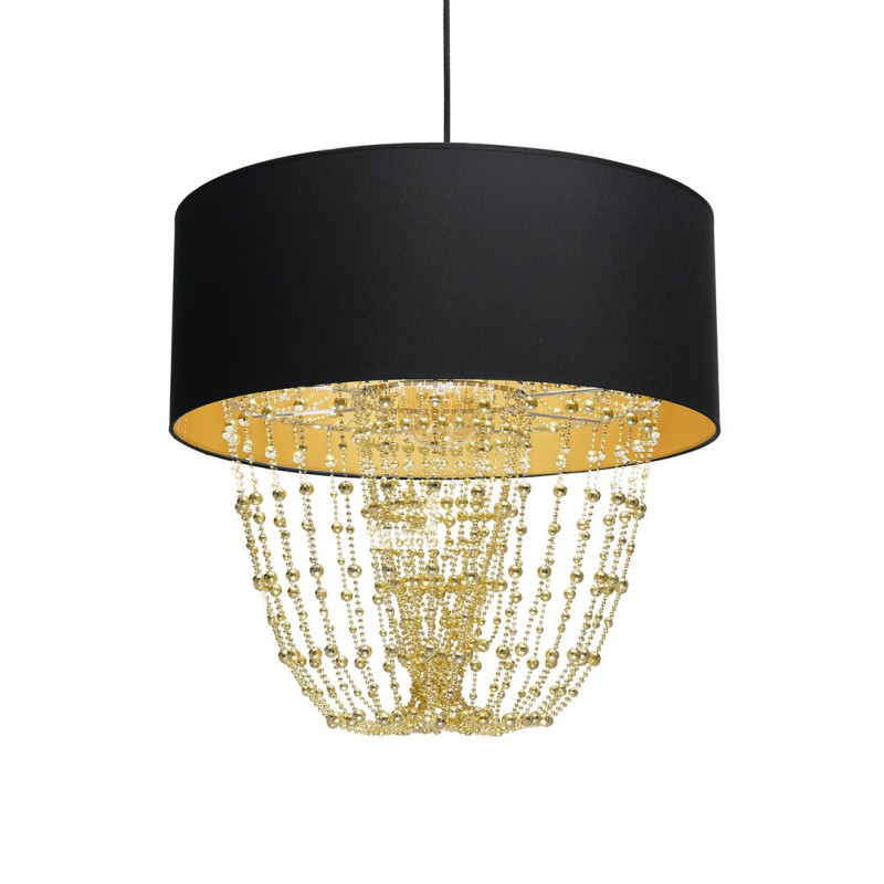 Suspension ALMERIA abat-jour tissu noir 50cm chaine perles dorées E27 Vintage 