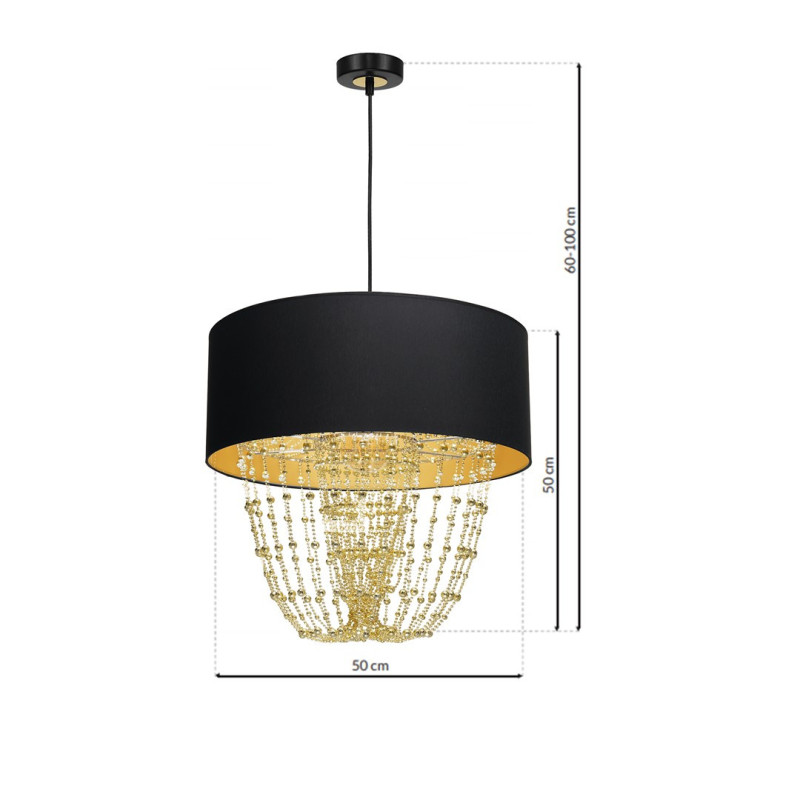 Suspension ALMERIA abat-jour tissu noir 50cm chaine perles dorées E27 Vintage 