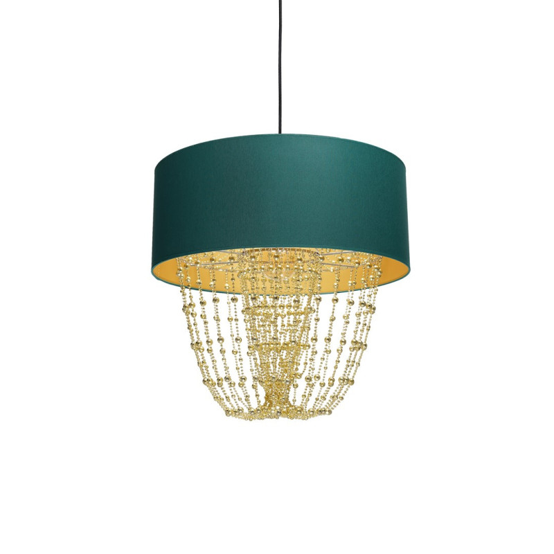 Suspension ALMERIA abat-jour tissu vert 50cm chaine perles dorées E27 Vintage 