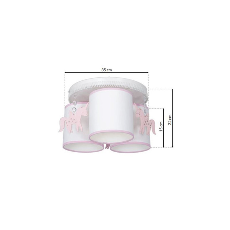 Plafonnier UNI licornes roses base ronde métal blanc 3 abat-jour tissu  E27 Enfant 