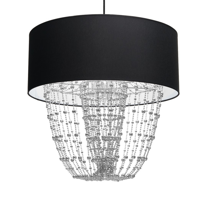 Suspension ALMERIA abat-jour tissu noir 50cm chaine perles chromées E27 Vintage 