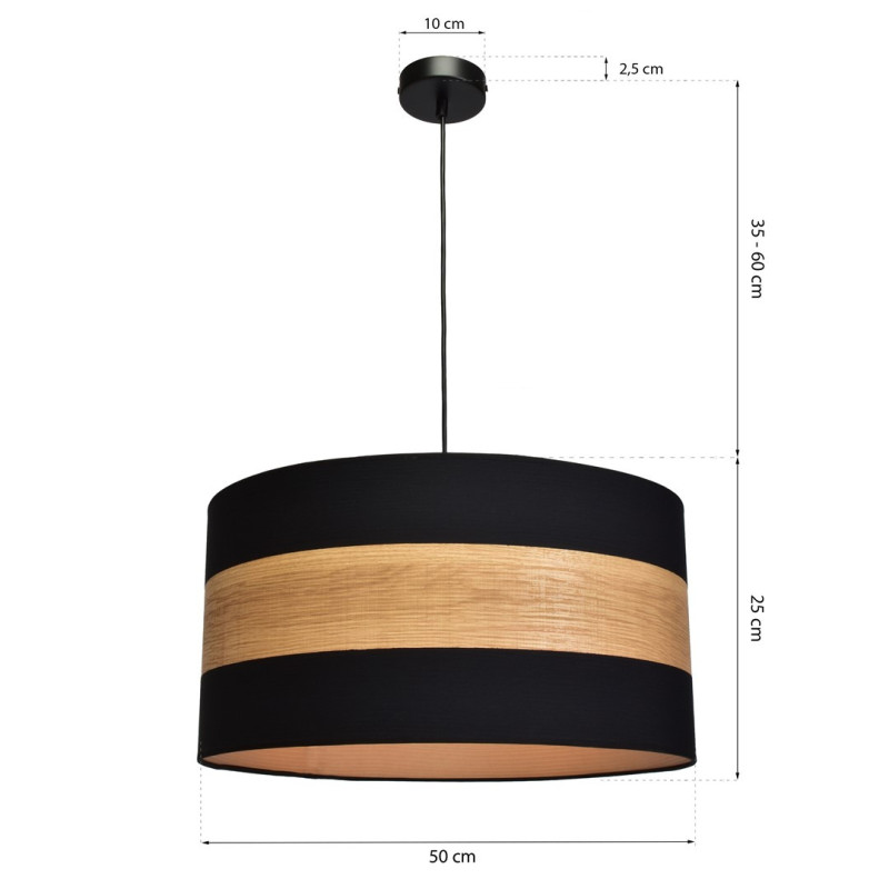 Plafonnier TERRA hauteur réglable abat-jour rond 50cm tissu noir et bois E27 Nature 