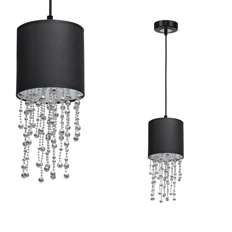 Suspension ALMERIA abat-jour tissu noir 15cm chaine perles chromées E27 Vintage 