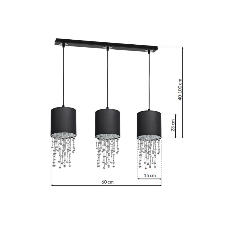 Suspension ALMERIA 3 abat-jour tissu noir chaine perles chromées E27 Vintage 