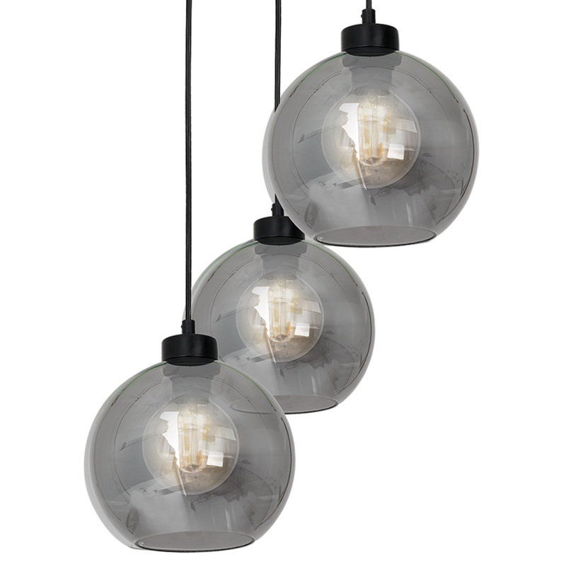 Suspension SOFIA 3 boules verre fumé E27 base ronde métal noir Design chic 