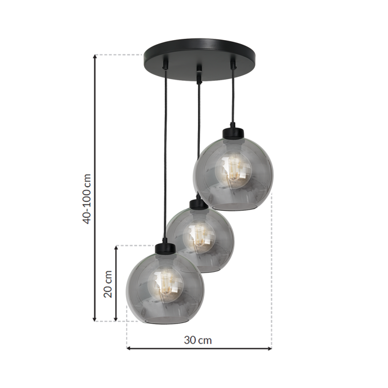 Suspension SOFIA 3 boules verre fumé E27 base ronde métal noir Design chic 