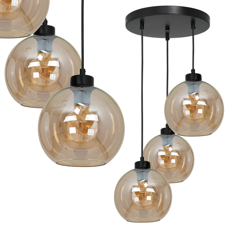 Suspension SOFIA 3 boules verre ambré E27 base ronde métal noir Design chic 