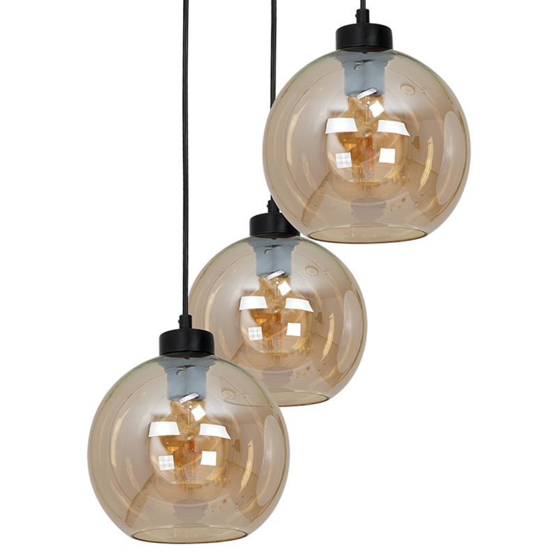 Suspension SOFIA 3 boules verre ambré E27 base ronde métal noir Design chic 