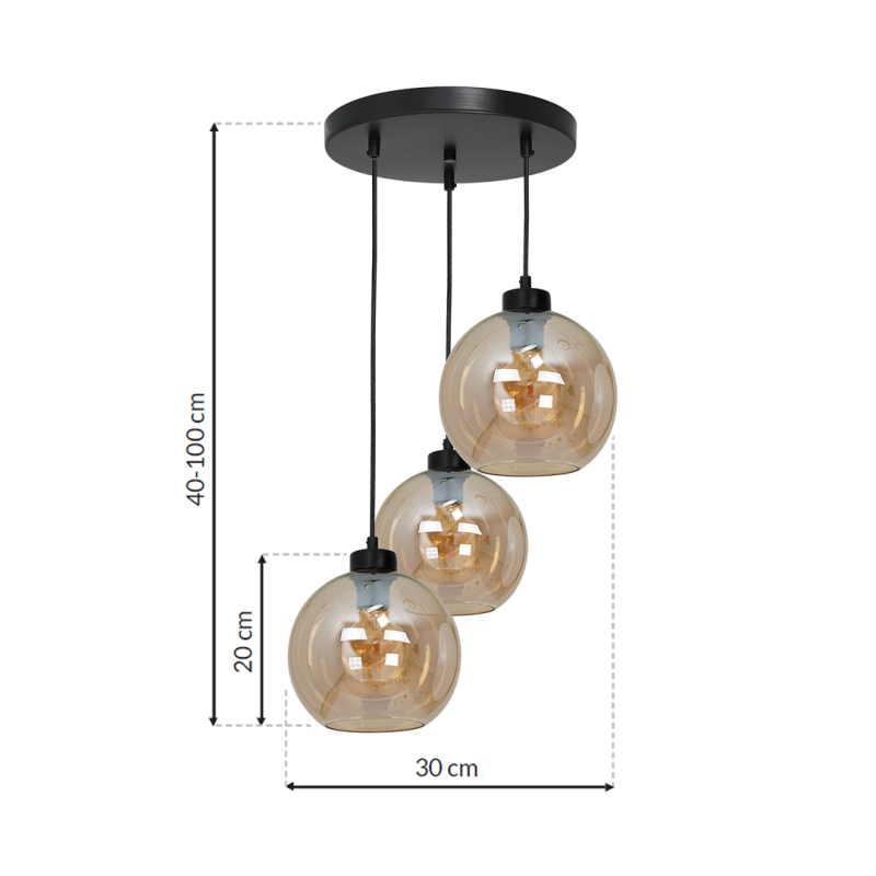 Suspension SOFIA 3 boules verre ambré E27 base ronde métal noir Design chic 