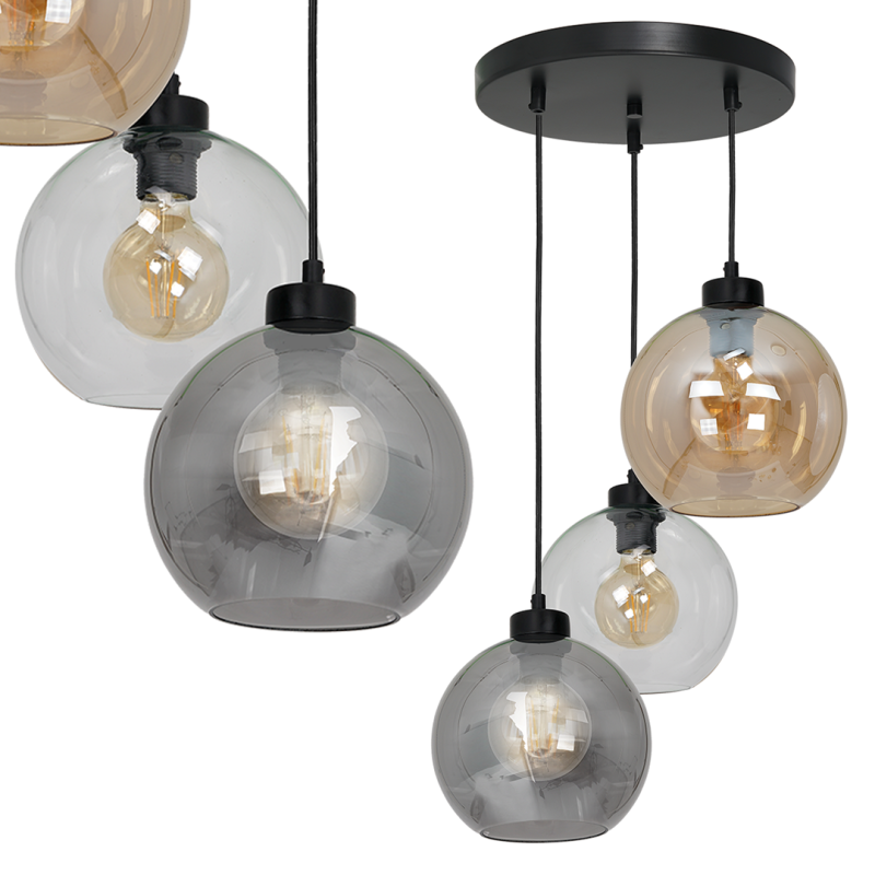 Suspension SOFIA 3 boules verre ambré fumé et clair E27 base ronde métal noir Design chic 