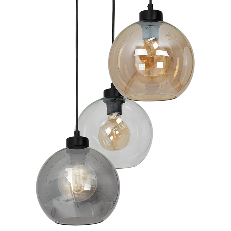 Suspension SOFIA 3 boules verre ambré fumé et clair E27 base ronde métal noir Design chic 