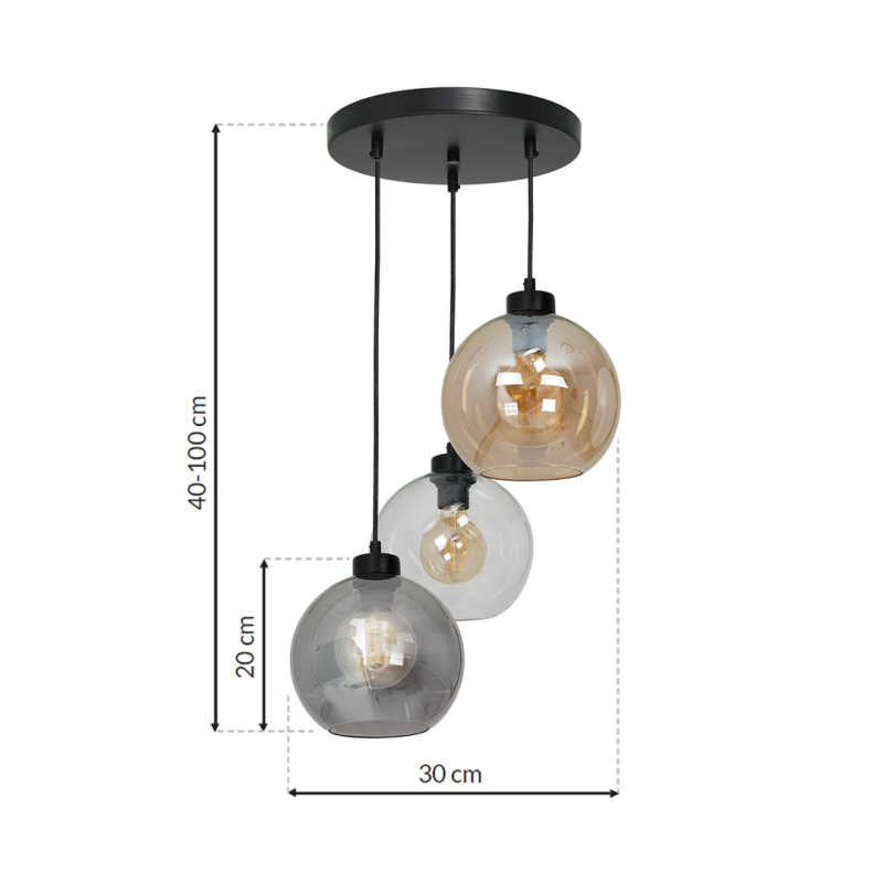 Suspension SOFIA 3 boules verre ambré fumé et clair E27 base ronde métal noir Design chic 