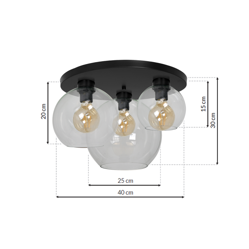 Plafonnier SOFIA 3 boules verre clair E27 base ronde métal noir Design chic 