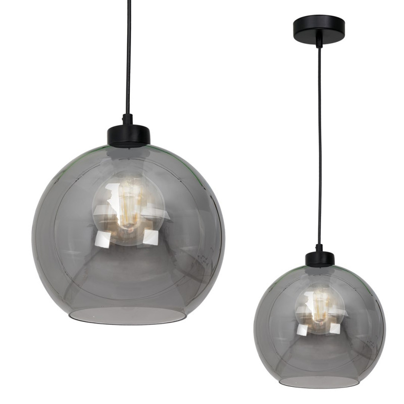 Suspension SOFIA boule verre fumé E27 base ronde métal noir Design chic 