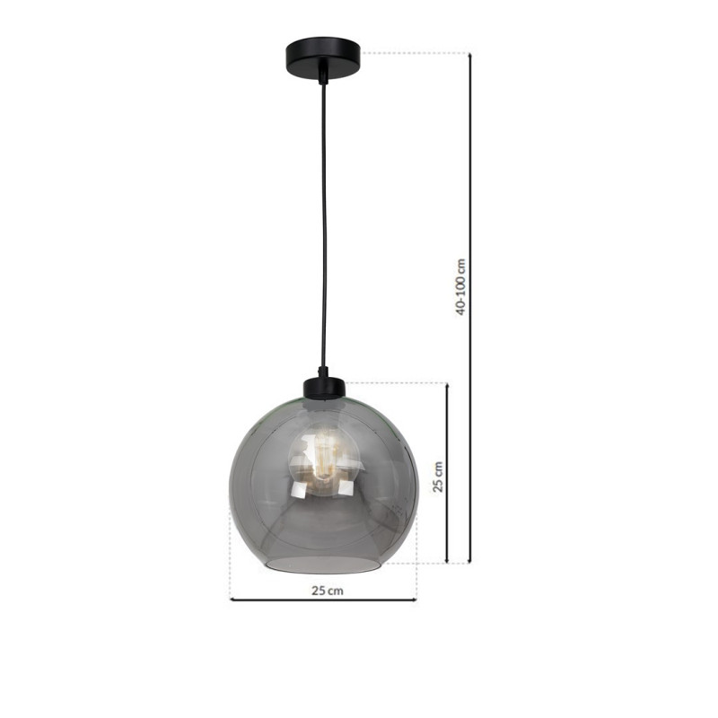 Suspension SOFIA boule verre fumé E27 base ronde métal noir Design chic 