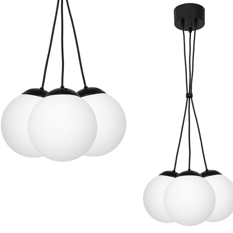 Suspension LIMA base métal noir grappe 3 boules verre blanc E14 Design chic 