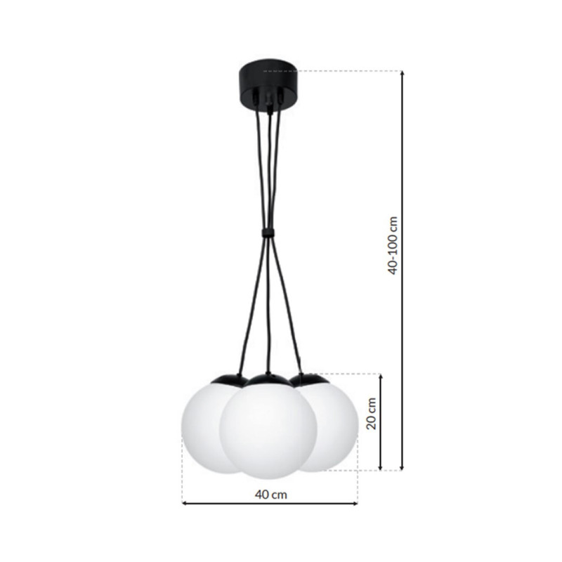 Suspension LIMA base métal noir grappe 3 boules verre blanc E14 Design chic 